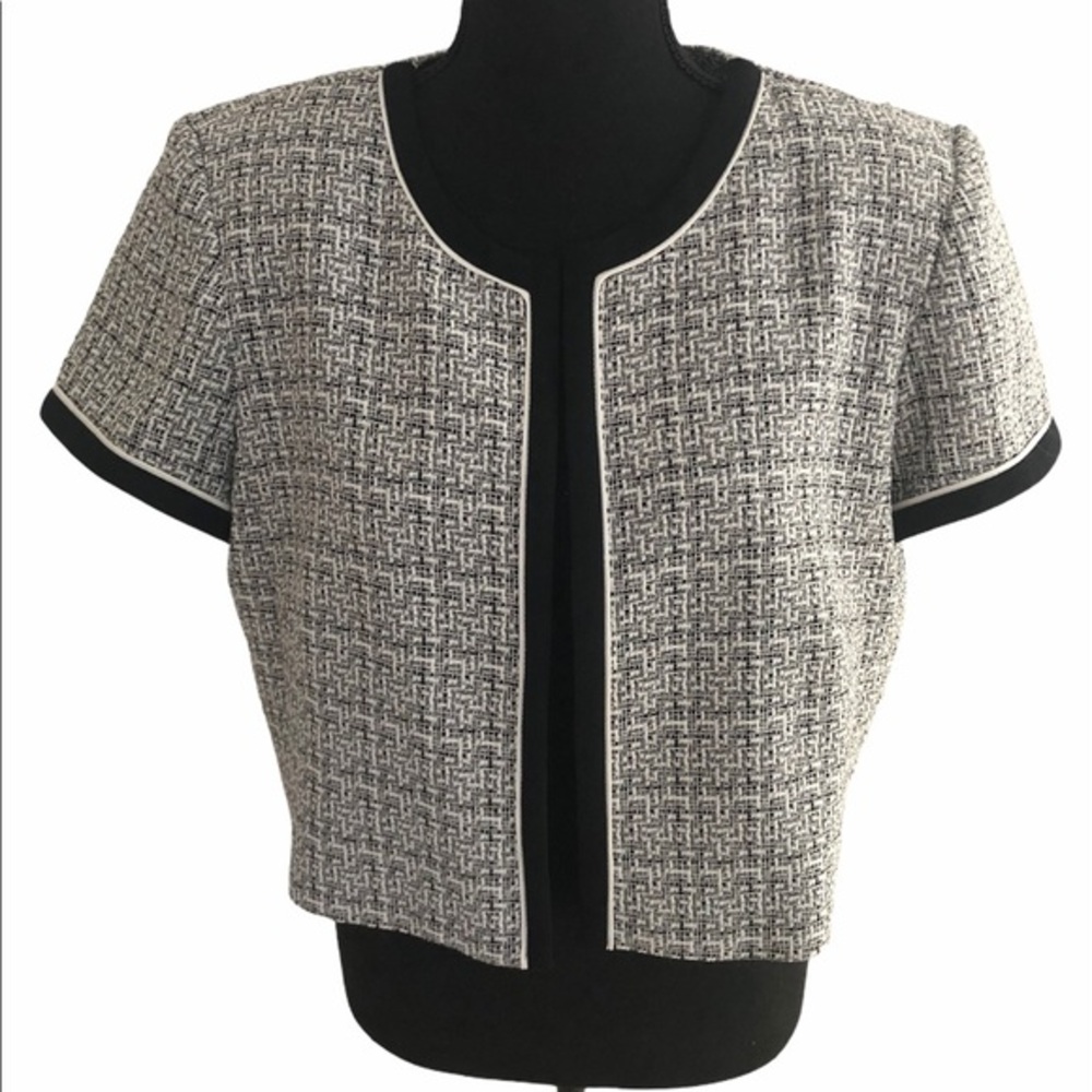Studio I Black White Tweed Short Sleeve Bolero Cropped Open Front Jacket Blazer